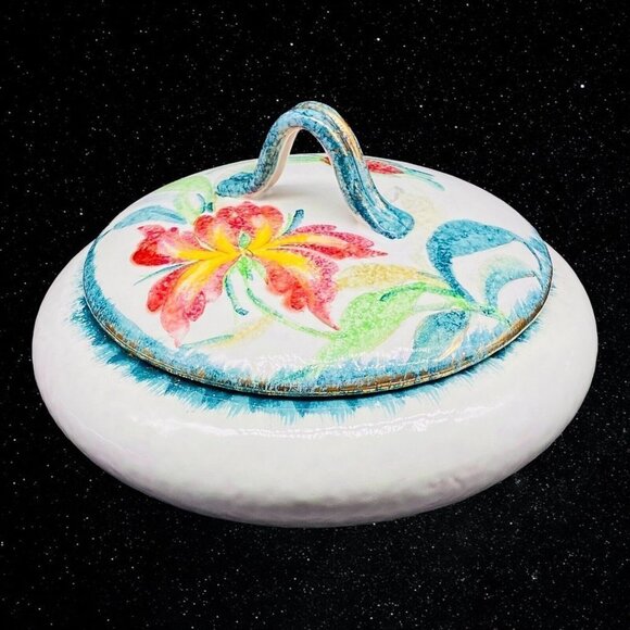 Vintage Italian Art Pottery Floral Covered Casserole Dish Numbered 4.5”T 6”W - Picture 1 of 10
